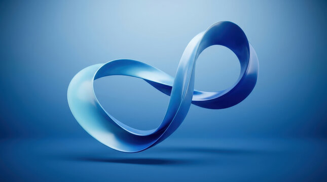 Minimalist blue infinity symbol 3d rendering on monochromatic background represents endless loop and mathematical continuity.
