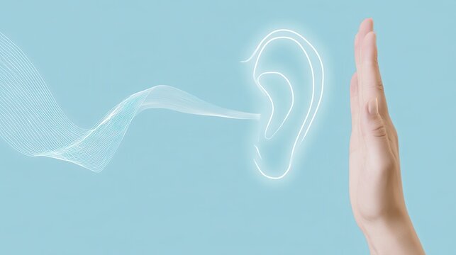 Abstract human ear illustration with sound waves and a hand gesture for hearing protection.