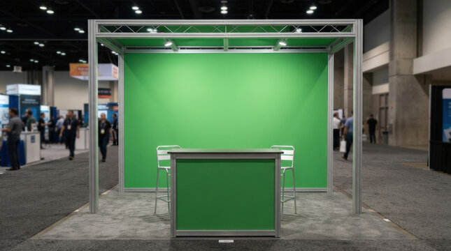 Minimalist green screen exhibition booth with front desk and stools under metal frame structure for digital background replacement.