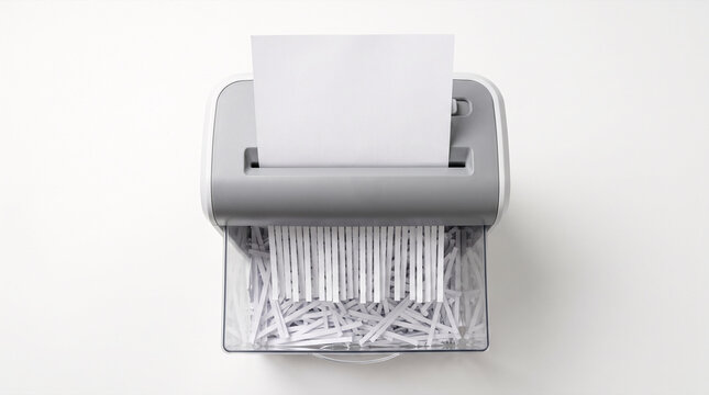 Paper shredder machine destroying documents with shredded paper in clear bin