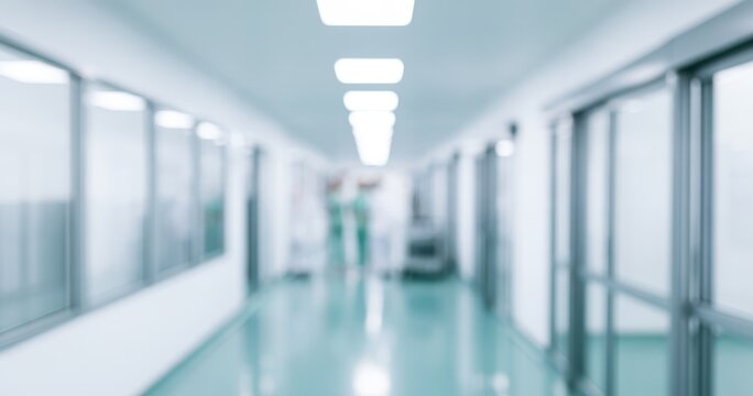 Blurred hospital corridor with bright lights and medical staff in the background.
