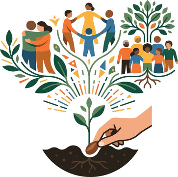 Illustration of a hand planting a seed that grows into a tree with diverse groups of people, symbolizing community growth and unity