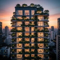 Obraz premium Modern high rise building with lush greenery. Apartments with balconies, windows, plants on terrace. Cityscape at sunset with twilight sky. Eco-friendly urban architecture.
