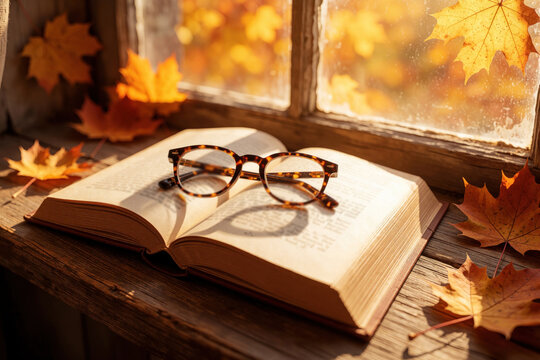 Open book with reading glasses rests on wooden sill. Autumn leaves frame window pane with warm evening light. Cozy indoor scene invites quiet reading time.