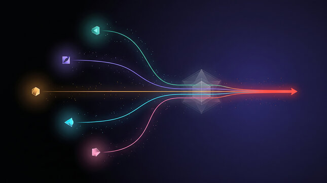 Abstract data flow with glowing nodes and converging lines representing digital system integration and network connectivity on a dark background
