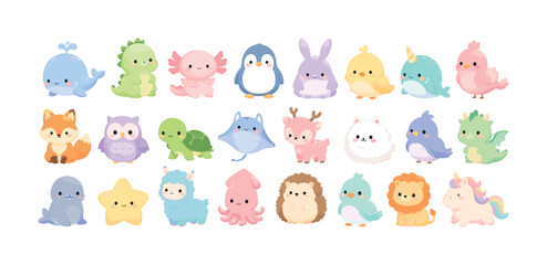 Fototapeta premium Collection of cute kawaii cartoon animals and mythical creatures