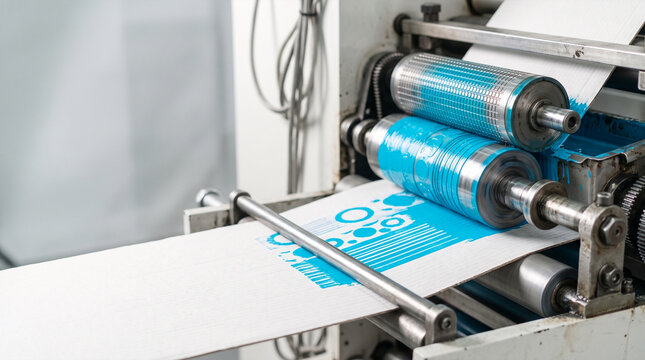 Industrial printing machine applying blue ink onto paper rolls