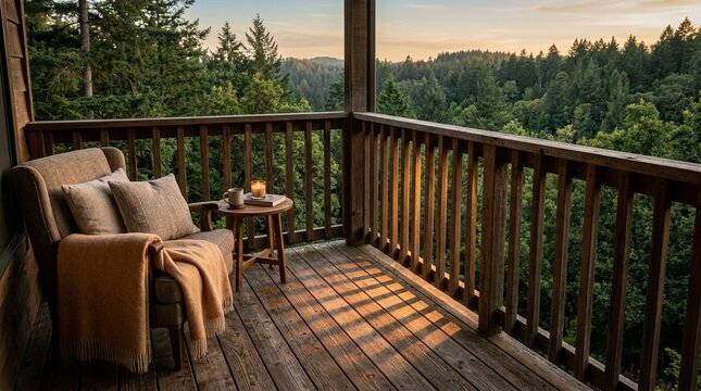 Cozy Balcony Retreat overlooking Serene Forest at Sunset
