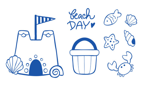 Vector line illustration of sandcastle and beach sand toys collection. Outdoor play kit icons for summer activity, children designs. Clip art set for web, posters, stickers, or print designs. 