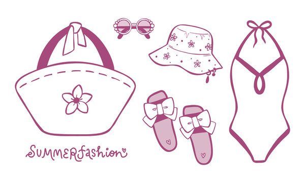 Hand-drawn vector summer clothes set. Line art elements of a one-piece swimsuit, bucket hat, sunglasses, flip-flops, beach bag with flowers. Fashion design for advert, travel blog, or print.