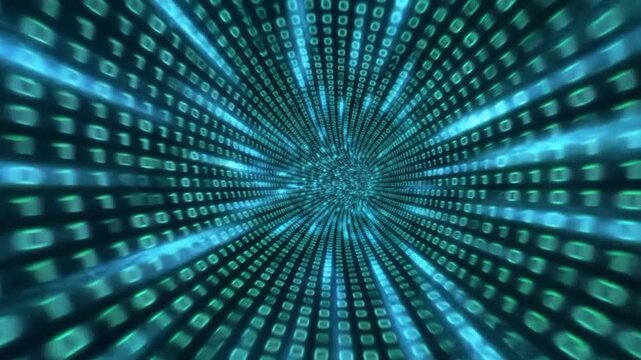 Fast motion flying through a digital cyber tunnel made of glowing blue and green binary code numbers