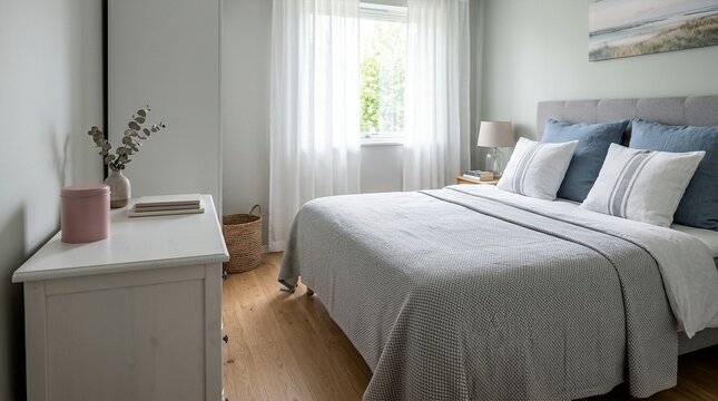 Cozy bedroom interior with a comfortable bed and natural light from a window