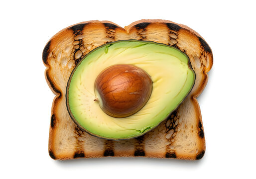 Fresh avocado slice on toasted bread slice isolated on white background