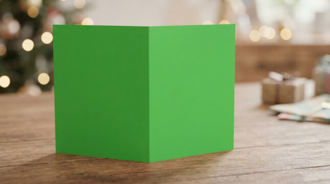 Blank folded green paper greeting card stands on rustic wooden table with blurred festive christmas lights background.