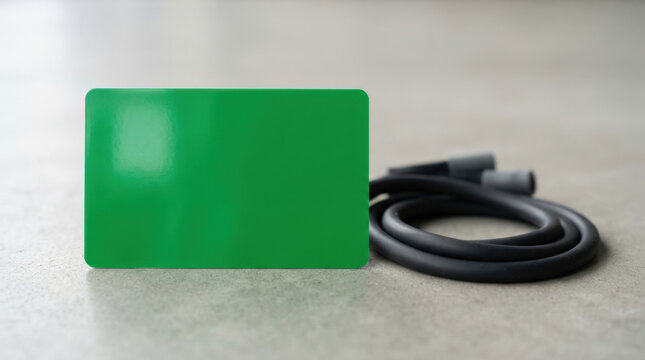Blank green plastic card mockup standing next to rolled black charging cable on textured grey surface with copy space.