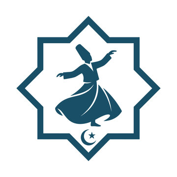 Sufi whirling dervish silhouette in octagonal star frame. Islamic religious vector icon with crescent moon and star.