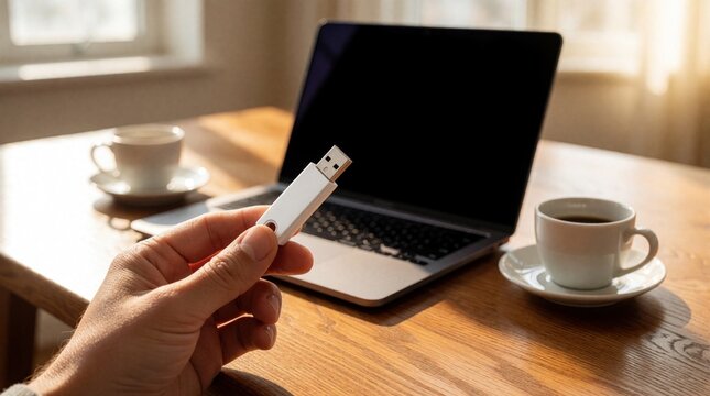 Hand holds USB stick near laptop and coffee cup on wooden desk. Person prepares to transfer data or work remotely. Morning light streams through window.