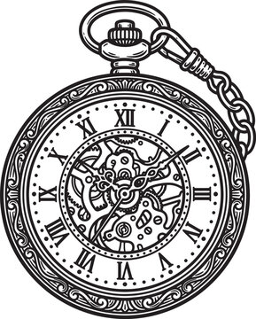 Pocket watch vector illustration featuring intricate vintage clockwork gears roman numerals and decorative ornate casing for time concept.