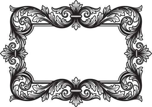 Ornate rectangular picture frame with vintage floral scrollwork and elegant acanthus leaves borders decorative isolated black vector design element.