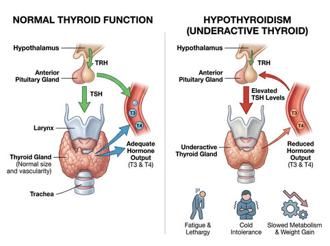 Normal vs hypothyroidism thyroid function comparison diagram isolated on white background