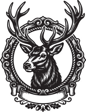 Stag head portrait in ornate circular frame with rope border and ribbon banner at bottom for hunting club logo or vintage wilderness badge.