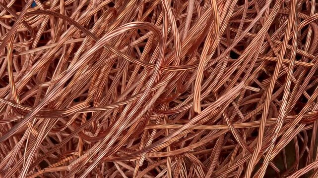 Pulling back from a pile of twisted bright copper wire recycled from power cables, waste or scrap metals from a factory