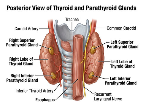Posterior view of thyroid and parathyroid glands anatomy isolated on white background