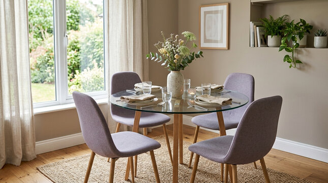 Cozy Dining Room with Glass Table, Purple Chairs, Natural Light & Greenery