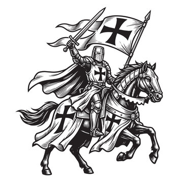 Powerful Medieval Knight Templar Riding a War Horse Carrying a Shield and Flag with Red Cross for Historical Reenactment Graphics Christian Heritage and Warrior Themed Art Designs.