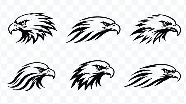 Eagle head mascot collection, 6 aggressive bald eagle vector icons, black and white predatory bird logos for sports branding