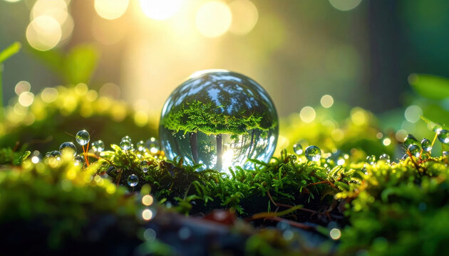 Tiny World Reflection in Glass Orb Amidst Lush Moss and Sunlit Forest Floor