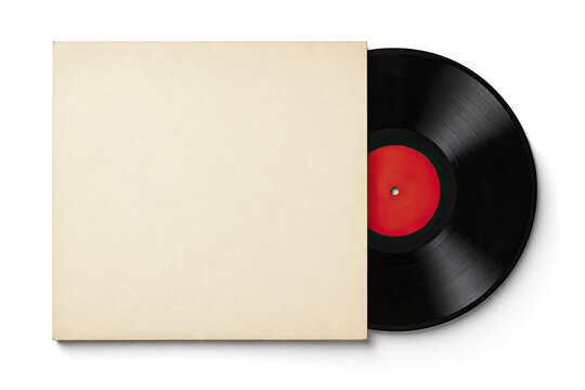 Blank record sleeve and black vinyl LP with a red label on a white background, ready for custom music album art.
