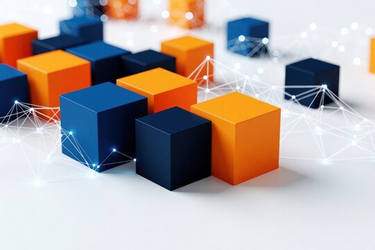 Blue and orange cubes connect with digital network lines on white background. Abstract geometric forms create futuristic structure for data or system concept illustration.