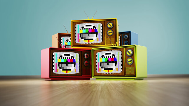 Vintage televisions with test screens standing on wood. 3D illustration