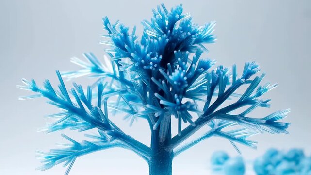 Blue crystalline needles rapidly grow and thicken across branching tree-like form, building dense icy clusters in close view against softly lit pale background with cool cyan tones