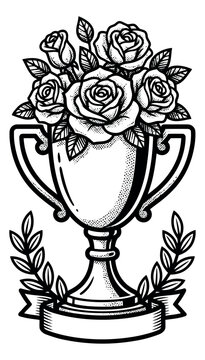 Engraving illustration of a trophy cup depicting roses and laurel wreath with banner for achievement and award design