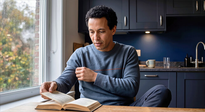 Man reading open paper book at wooden kitchen table near rainy window. Cozy autumn indoor scene with male sitting inside on rainy fall day, reading novel with foliage outside home kitchen window