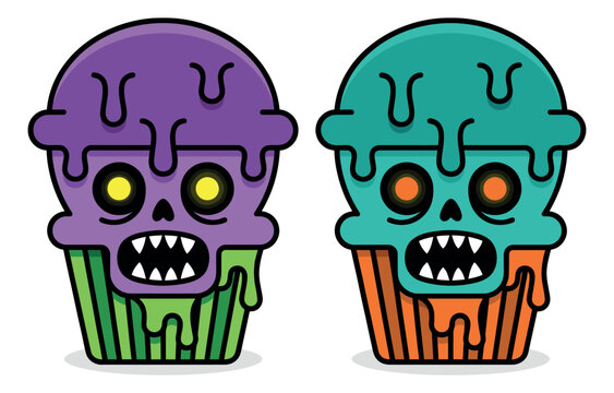 Cartoon icon set of 2 zombie cupcakes featuring glowing eyes, dripping frosting and monster faces for Halloween design