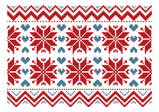 Pixel art seamless border pattern featuring Nordic snowflakes hearts and zigzag motifs for Christmas textile design