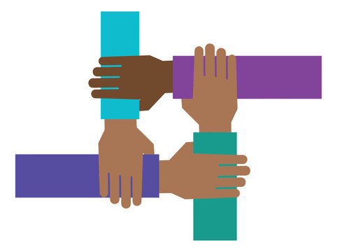 Flat illustration of four diverse hands forming a connected square depicting teamwork and unity for community and business design