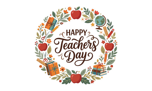 Happy Teachers' Day Floral Wreath Calligraphy Vector Design