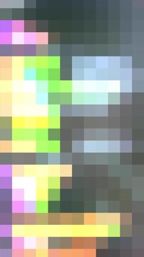 Colorful pixel art texture background in retro gaming aesthetic. Blinking square block grid overlay with vintage 8bit bitmap glitch loop. Abstract vibrant digital video game display