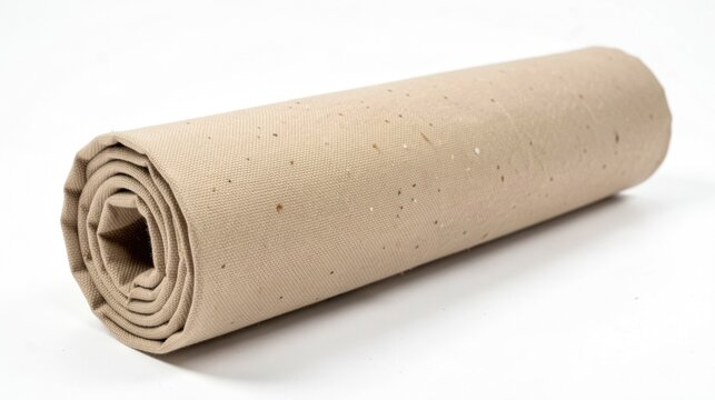 Canvas fabric roll in beige on white, sturdy texture, artistic textile background