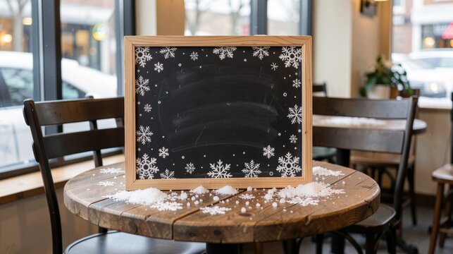 Black chalkboard mockup on cafe table with snowflakes, empty template for winter sale, cold season promotion sign