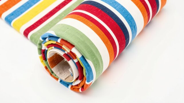 Striped cotton fabric roll on white, colorful pattern, casual textile background