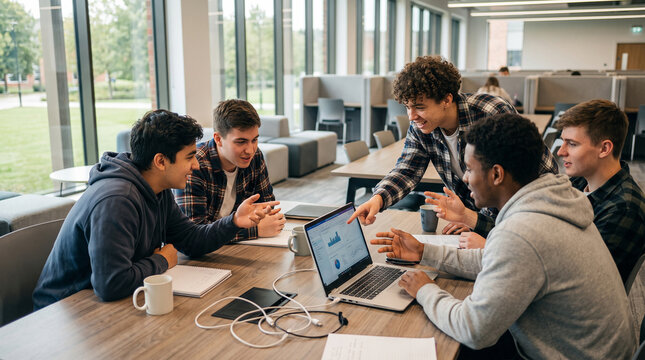A diverse group of male students collaborating on a computer project in a modern classroom, with one student pointing at the screen, showing teamwork and discussion.