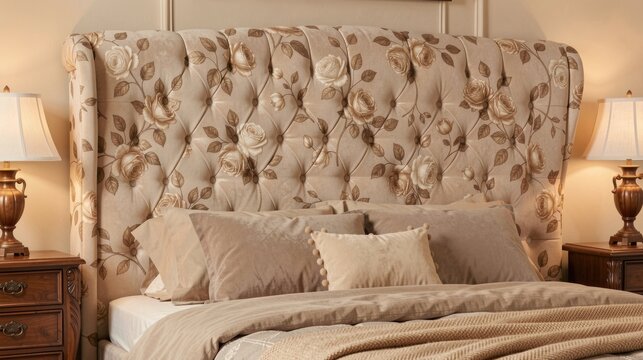 Deep button headboard with rose pattern on beige, classic elegant cozy bedroom focal