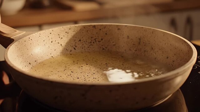 A speckled ceramic bowl sits on a warm kitchen counter under soft ambient lighting