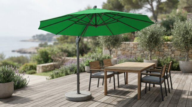 Green patio umbrella over teak garden furniture set on wooden deck for outdoor dining or leisure time in Mediterranean setting.