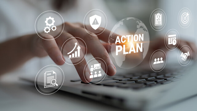 Close-up of a hand on a laptop keyboard surrounded by action plan icons. The image represents modern business strategies and digital workflows for effective planning and execution. Ledger